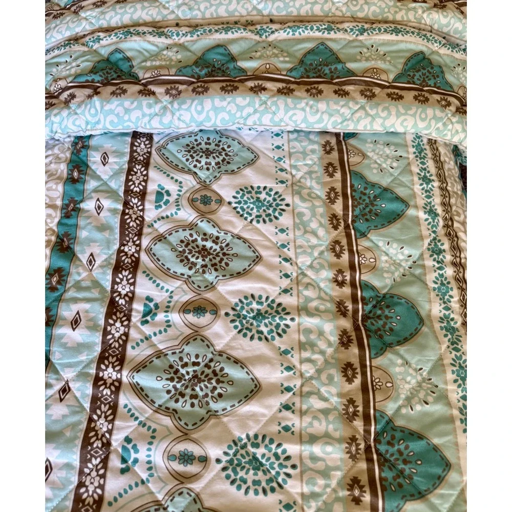 Sanctuary Quilt King Teal Brown White Boho Geometric Medallion Bedding 3 Piece